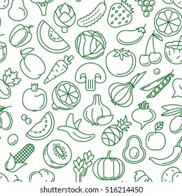 Vector seamless pattern consisting of contour icons of fruits and vegetables on a white background