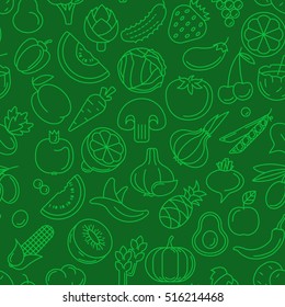 Vector seamless pattern consisting of contour icons of vegetables and fruit on a green background
