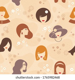 Vector seamless pattern consisting of different colors and women with hairstyles and slags.