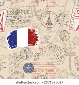 Vector seamless pattern consisting of  France symbols or icons. Stamps and travel icons collection. France symbols on fabric background.