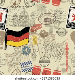 Vector seamless pattern consisting of  Germany symbols or icons. Stamps and travel icons collection. Germany symbols on fabric background.