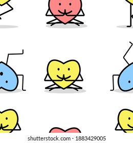 Vector seamless pattern, consisting of multi-colored hearts in different poses of yogi.