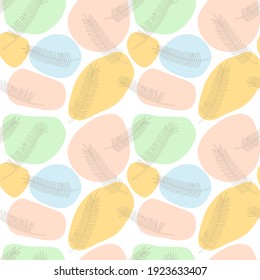 Vector seamless pattern consisting of multicolored spots, carved foliage. Colored spots are stylized under the spots of cow skin.