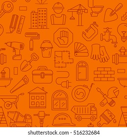 Vector seamless pattern consisting of the outline of building subjects icons on orange background