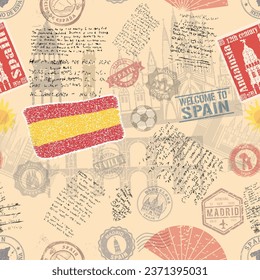 Vector seamless pattern consisting of  Spain symbols or icons. Stamps and travel icons collection. Spain symbols on fabric background.