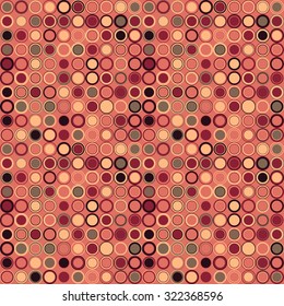 Vector seamless pattern. Consists of geometric elements arranged on red background.The elements have a round shape and different color.