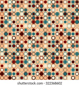 Vector seamless pattern. Consists of geometric elements arranged on orange background.The elements have a round shape and different color.