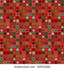 Vector seamless pattern. Consists of geometric elements arranged on red background.The elements have a round shape and different color.