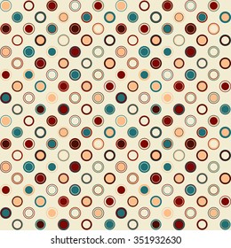Vector seamless pattern. Consists of geometric elements arranged on beige background.The elements have a circular shape and different color.