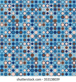 Vector seamless pattern. Consists of geometric elements arranged on blue background.The elements have a circular shape and different color.