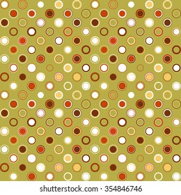 Vector seamless pattern. Consists of geometric elements arranged on green background.The elements have a circular shape and different color.