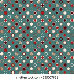 Vector seamless pattern. Consists of geometric elements arranged on green background.The elements have a circular shape and different color.