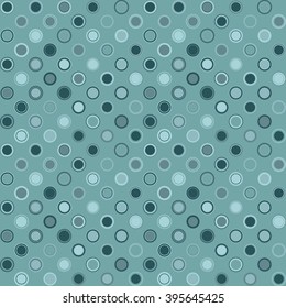 Vector seamless pattern. Consists of geometric elements arranged on aquamarine background.The elements have round shape and different color.