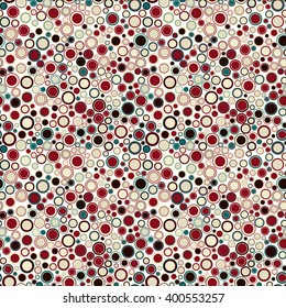 Vector seamless pattern. Consists of geometric elements arranged on white background. The elements have round shape, different color and size.