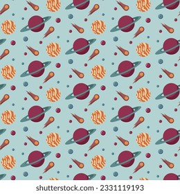 Vector seamless pattern with constellations, falling star, comet, planets. Cute baby sky patterns in warm colors. Pastel wallpaper, repeating background.