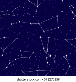 vector seamless pattern with constellations in the night star sky.  Ursa Major, Ursa Minor, Taurus, Canis Major, constellation of the eagle on a dark blue background