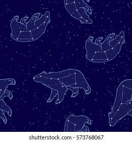 vector seamless pattern with constellations in the night star sky.  Ursa Major and  Ursa Minor on a dark blue background