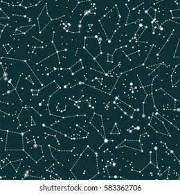 Vector seamless pattern with constellations on green chalkboard background. Astronomy scientific school background