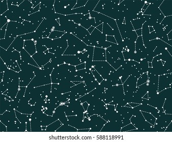 Vector seamless pattern with constellations on green chalkboard background. Astronomy scientific school background