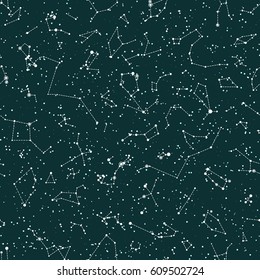 Vector seamless pattern with constellations on green chalkboard background. Astronomy scientific school background