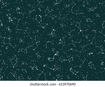 Vector seamless pattern with constellations on green chalkboard background. Astronomy scientific school background