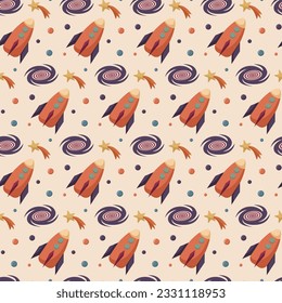 Vector seamless pattern with constellations, shooting star, rocket, black hole. Cute baby sky patterns in warm colors. Pastel wallpaper, repeating background.