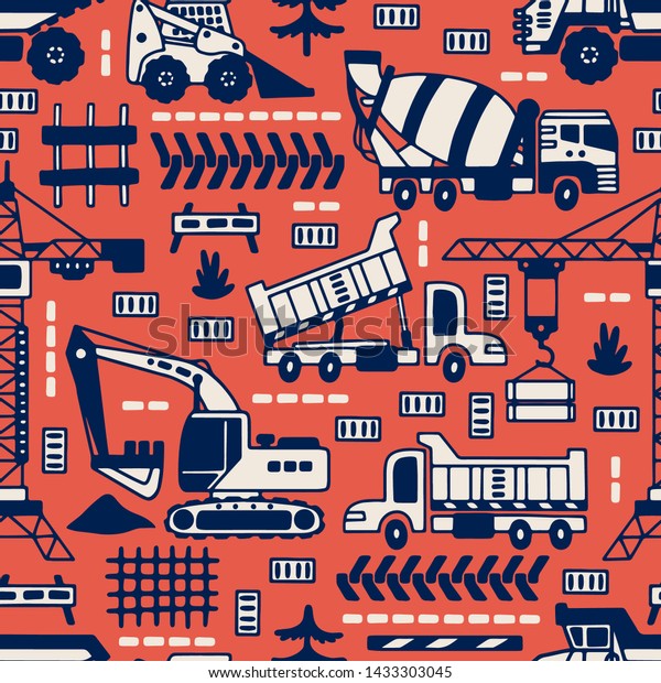 Vector seamless pattern construction trucks. Industrial\
repeated texture with hand drawn construction vehicle. Print for\
boys\' fabric. 