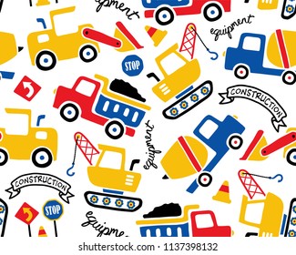 Vector Seamless Pattern With Construction Vehicles Cartoon