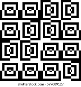 Vector seamless pattern. Contemporary background, figurative design with striped black white lines and broken square. Backdrop, texture with optical illusion effect. Psychedelic tile in op art style.