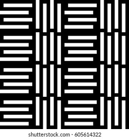 Vector seamless pattern. Contemporary background, figurative design with striped alternating black white lines. Backdrop, texture with mechanical geometry. Structural industrial tile, lattice, grille