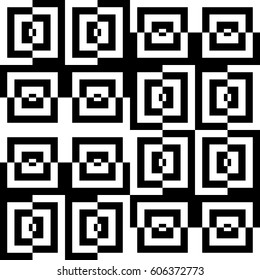 Vector seamless pattern. Contemporary background, figurative design with striped black white lines and broken square. Backdrop, texture with optical illusion effect. Psychedelic tile in op art style.