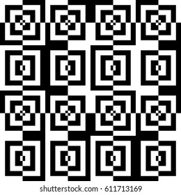 Vector seamless pattern. Contemporary background, figurative design with striped black white lines and broken square. Backdrop, texture with optical illusion effect. Psychedelic tile in op art style.