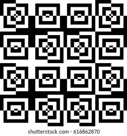 Vector seamless pattern. Contemporary background, figurative design with striped black white lines and broken square. Backdrop, texture with optical illusion effect. Psychedelic tile in op art style.