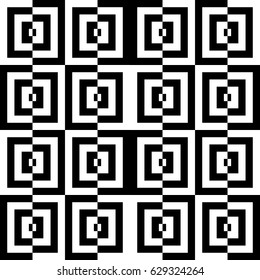 Vector seamless pattern. Contemporary background, figurative design with striped black white lines and broken square. Backdrop, texture with optical illusion effect. Psychedelic tile in op art style.