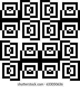 Vector seamless pattern. Contemporary background, figurative design with striped black white lines and broken square. Backdrop, texture with optical illusion effect. Psychedelic tile in op art style.