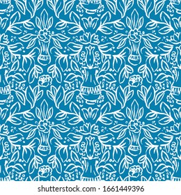 Vector seamless pattern in contemporary damask style. Modern hand drawn floral blue background great for wallpaper and packaging.