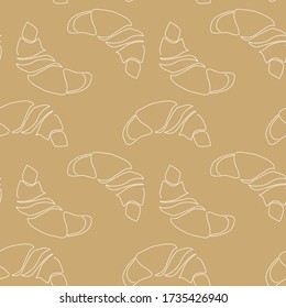 Vector seamless pattern with continuous line croissants and buns. Bakery product for logo, packaging design, textile, wrapping paper