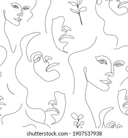 Vector seamless pattern. Continuous line art with woman face, leaves. Linear nature background. Use for package, cosmetics, decor. Fashion concept, feminine beauty minimalist. 