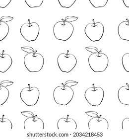 Vector seamless pattern with contour apples in doodle style. Hand drawn fruit background and texture, isolated. For children, school design, harvest, gardening and Thanksgiving theme