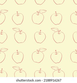 Vector seamless pattern with contour apples in doodle style. Hand drawn fruit background and texture, isolated. For children, school design, harvest, gardening and Thanksgiving theme.