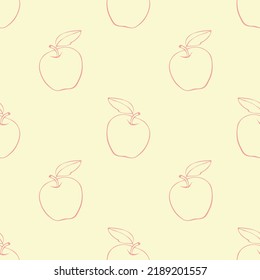 Vector seamless pattern with contour apples in doodle style. Hand drawn fruit background and texture, isolated. For children, school design, harvest, gardening and Thanksgiving theme.