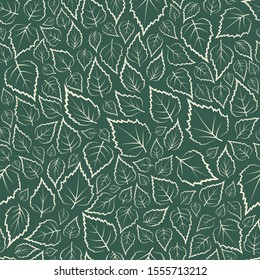 Vector seamless pattern with contour birch leaves on dark green background for wallpaper, textile, book covers, wrapping, greeting cards.