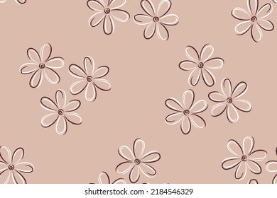 Vector seamless pattern of contour black and white flowers. Geometric botanical design on ashy pink background