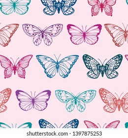 vector seamless pattern with contour butterflies in girl pink lilac shades
