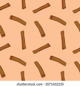 Vector seamless pattern of contour cinnamon stick in flat style. Background or texture with seasoning, spice, ingredient for baking, hot drinks, aromatherapy, cooking