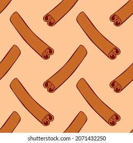 Vector seamless pattern of contour cinnamon stick in flat style. Background or texture with seasoning, spice, ingredient for baking, hot drinks, aromatherapy, cooking