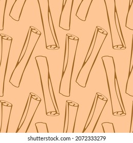 Vector seamless pattern of contour cinnamon stick in doodle style. Background or texture with seasoning, spice, ingredient for baking, hot drinks, aromatherapy, cooking