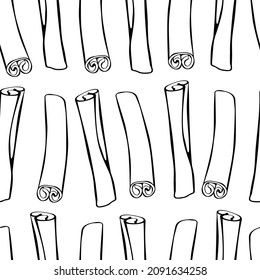 Vector seamless pattern of contour cinnamon stick in doodle style. Background or texture with seasoning, spice, ingredient for baking, hot drinks, aromatherapy, cooking