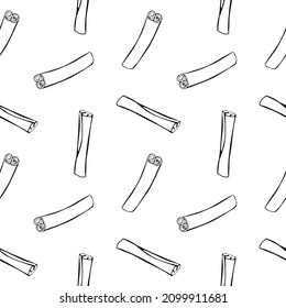 Vector seamless pattern of contour cinnamon stick in doodle style. Background or texture with seasoning, spice, ingredient for baking, hot drinks, aromatherapy, cooking