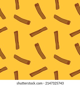 Vector seamless pattern of contour cinnamon stick in flat style. Background or texture with seasoning, spice, ingredient for baking, hot drinks, aromatherapy, cooking